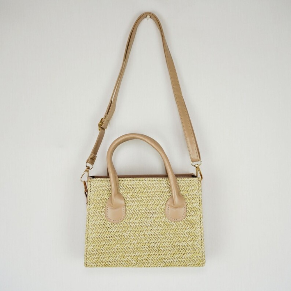 Mini Simple Straw Bag with faux leather strap | Handmade Boho Raffia Bag|